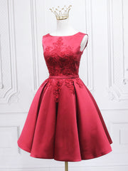 Formal Dresses With Sleeves, Burgundy Satin Lace Short Prom Dress, A-Line Homecoming Dress