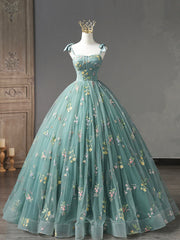 Prom Dress Uk, Green Floral Tulle Long Prom Dress, Cute Off Shoulder Evening Party Dress