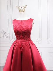 Formal Dresses Style, Burgundy Satin Lace Short Prom Dress, A-Line Homecoming Dress