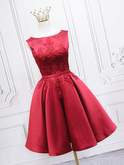 Formal Dress Summer, Burgundy Satin Lace Short Prom Dress, A-Line Homecoming Dress