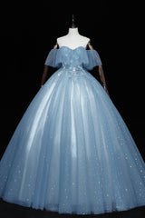 Party Dresses Cocktail, Blue Tulle Lace Long Prom Dresses, A-Line Off the Shoulder Evening Dresses