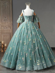 Prom Dress Cute, Green Floral Tulle Long Prom Dress, Cute Off Shoulder Evening Party Dress