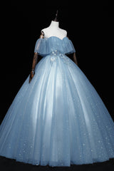 Party Dress For Summer, Blue Tulle Lace Long Prom Dresses, A-Line Off the Shoulder Evening Dresses