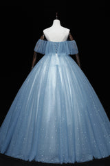 Party Dresses For Summer, Blue Tulle Lace Long Prom Dresses, A-Line Off the Shoulder Evening Dresses