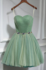 Prom Dress With Sleeves, Green Strapless Tulle Short Prom Dress, A-Line Evening Party Dress