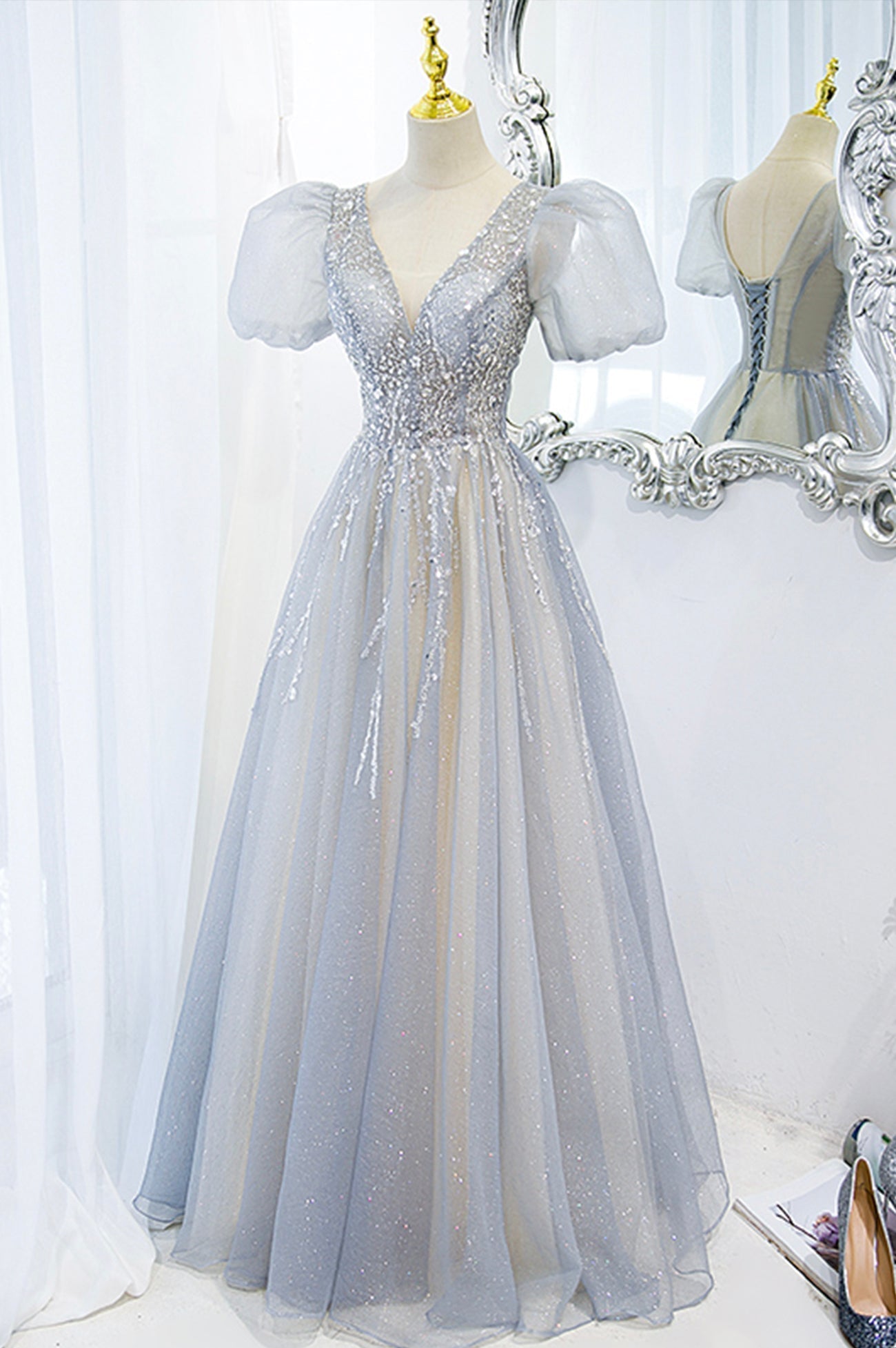 Prom Dresse Long, Gray Tulle Beading Long Prom Dresses, A-Line Short Sleeve Formal Evening Dresses