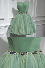 Prom Dresses With Sleeve, Green Strapless Tulle Short Prom Dress, A-Line Evening Party Dress