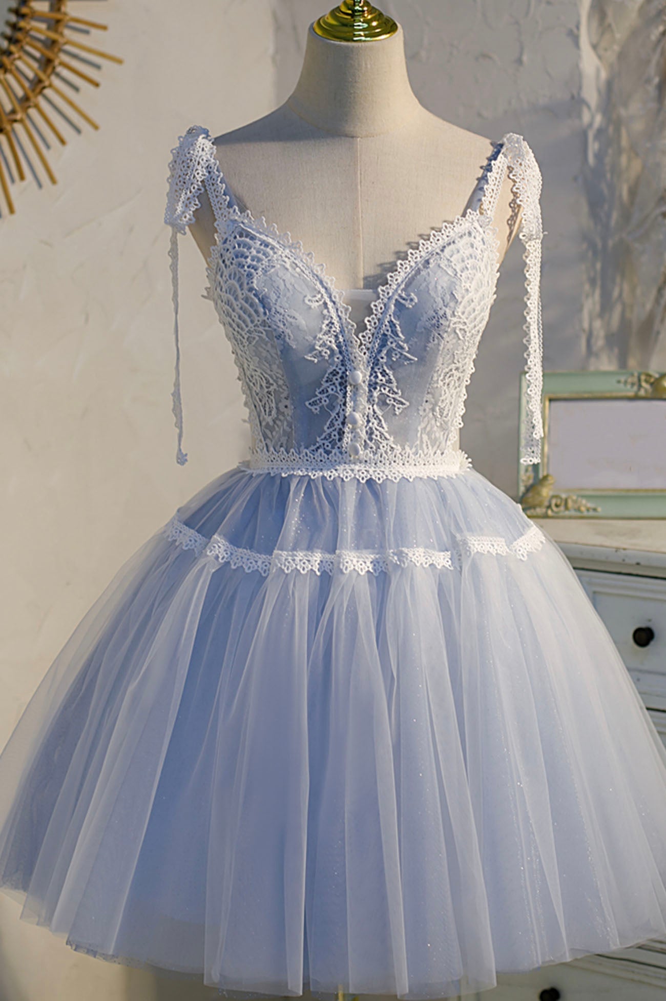 Unique Wedding Ideas, Blue Lace Short A-Line Prom Dress, Cute Spaghetti Strap Party Dress