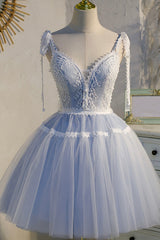 Unique Wedding Ideas, Blue Lace Short A-Line Prom Dress, Cute Spaghetti Strap Party Dress