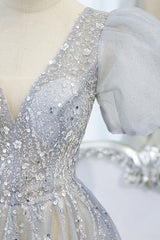 Prom Dresses Shopping, Gray Tulle Beading Long Prom Dresses, A-Line Short Sleeve Formal Evening Dresses