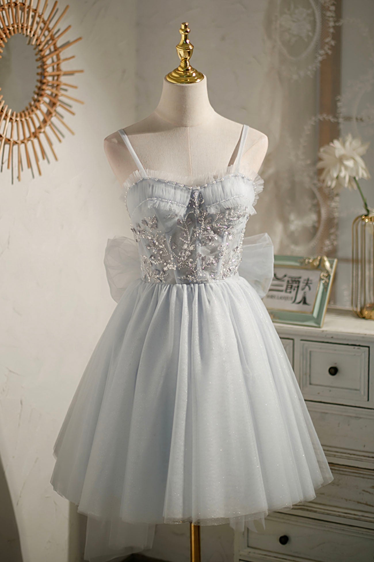 Prom Dress 2042, Gray Tulle Short A-Line Prom Dress, Cute Evening Party Dress