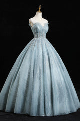 Party Dresses Modest, Blue Tulle Sequins Long Prom Dresses, A-Line Evening Dresses