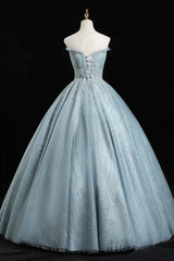 Party Dress Modest, Blue Tulle Sequins Long Prom Dresses, A-Line Evening Dresses