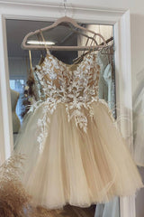 Evening Dress Designer, Champagne Spaghetti Lace Short Prom Dresses, A-Line Party Dresses