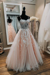 Bridesmaids Dresses Online, Pink Sweetheart Neck Lace Long Prom Dresses, A-Line Formal Dresses