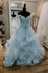 Party Dresses For Teenage Girl, Blue Tulle Lace Long Prom Dresses, Off the Shoulder Evening Dresses