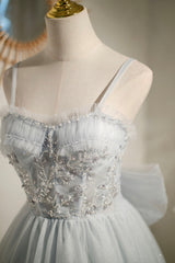 Prom Dresses Off The Shoulder, Gray Tulle Short A-Line Prom Dress, Cute Evening Party Dress