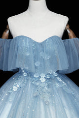 Party Dresses Summer, Blue Tulle Lace Long Prom Dresses, A-Line Off the Shoulder Evening Dresses