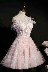 Bridesmaids Dress Websites, Pink Strapless Lace Short Prom Dress, A-Line Party Dress with Feather