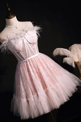 Bridesmaid Dresses Website, Pink Strapless Lace Short Prom Dress, A-Line Party Dress with Feather