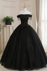 Bridesmaids Dresses For Beach Wedding, Black Tulle Lace Off the Shoulder Prom Dress, Black A-Line Evening Dress