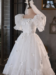 Party Dress For Over 71, White Tulle Short A-Line Prom Dress, Cute Puff Sleeve Party Dress