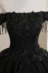 Bridesmaid Dresses Styles Long, Black Tulle Lace Off the Shoulder Prom Dress, Black A-Line Evening Dress