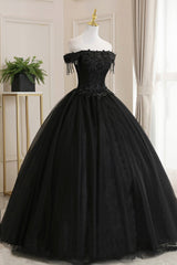 Bridesmaid Dress Styles Long, Black Tulle Lace Off the Shoulder Prom Dress, Black A-Line Evening Dress