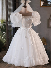 Party Outfit, White Tulle Short A-Line Prom Dress, Cute Puff Sleeve Party Dress