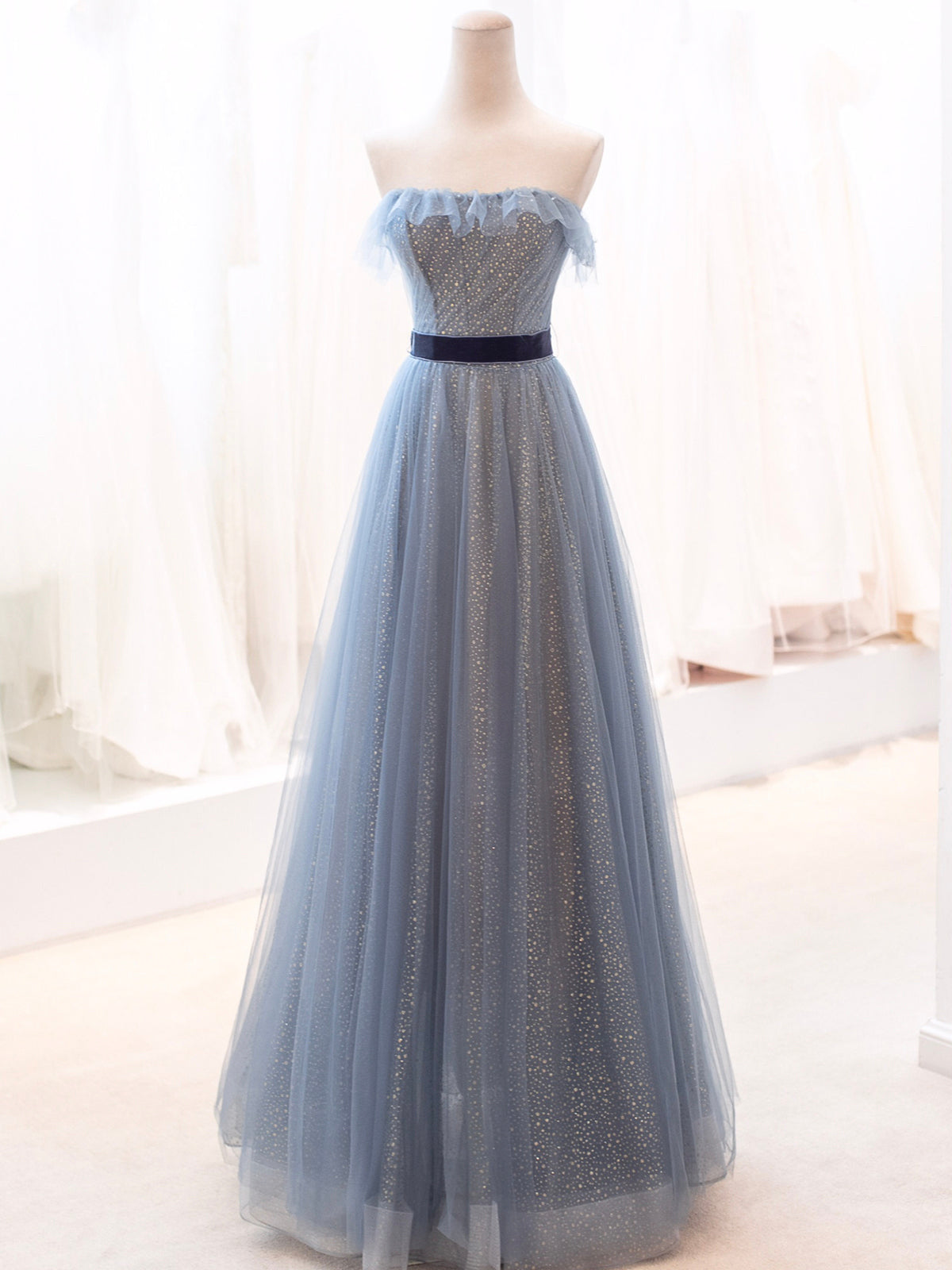 Party Dress Roman, Blue Tulle Long Prom Dress, A-Line Strapless Evening Party Dress