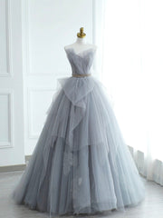 Prom Dress Gown, Gray Strapless Tulle Lace Long Prom Dress, A-Line Evening Party Dress