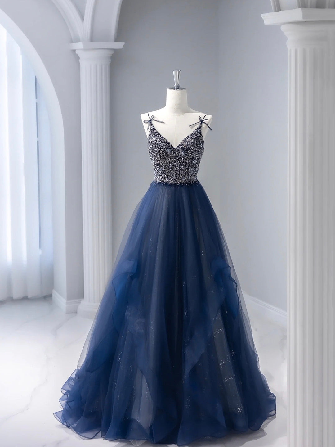 Party Dress Renswoude, Blue Tulle Beaded Long Prom Dress, A-Line Spaghetti Strap Formal Evening Dress