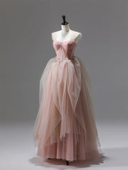 Bridesmaid Dresses Uk, Pink Tulle Lace Long Prom Dress, Beautiful A-Line Evening Party Dress