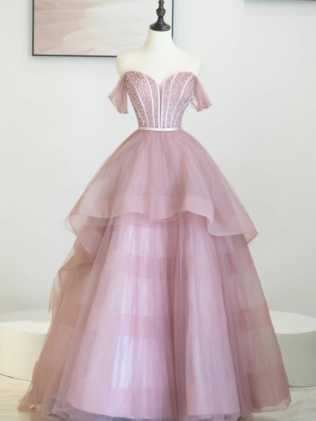Bridesmaids Dresses Black, Pink Tulle Sequins Long Prom Dress, Off Shoulder Evening Dress