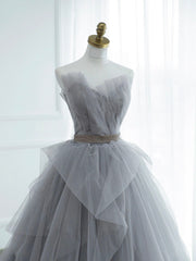 Prom Dresses Gown, Gray Strapless Tulle Lace Long Prom Dress, A-Line Evening Party Dress