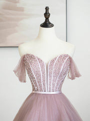 Bridesmaid Dress Black, Pink Tulle Sequins Long Prom Dress, Off Shoulder Evening Dress