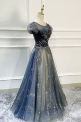 Party Dresses Long Dress, Blue Scoop Neckline Tulle Long Prom Dress, A-Line Evening Dress