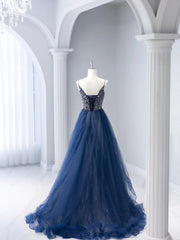 Party Dress Top, Blue Tulle Beaded Long Prom Dress, A-Line Spaghetti Strap Formal Evening Dress