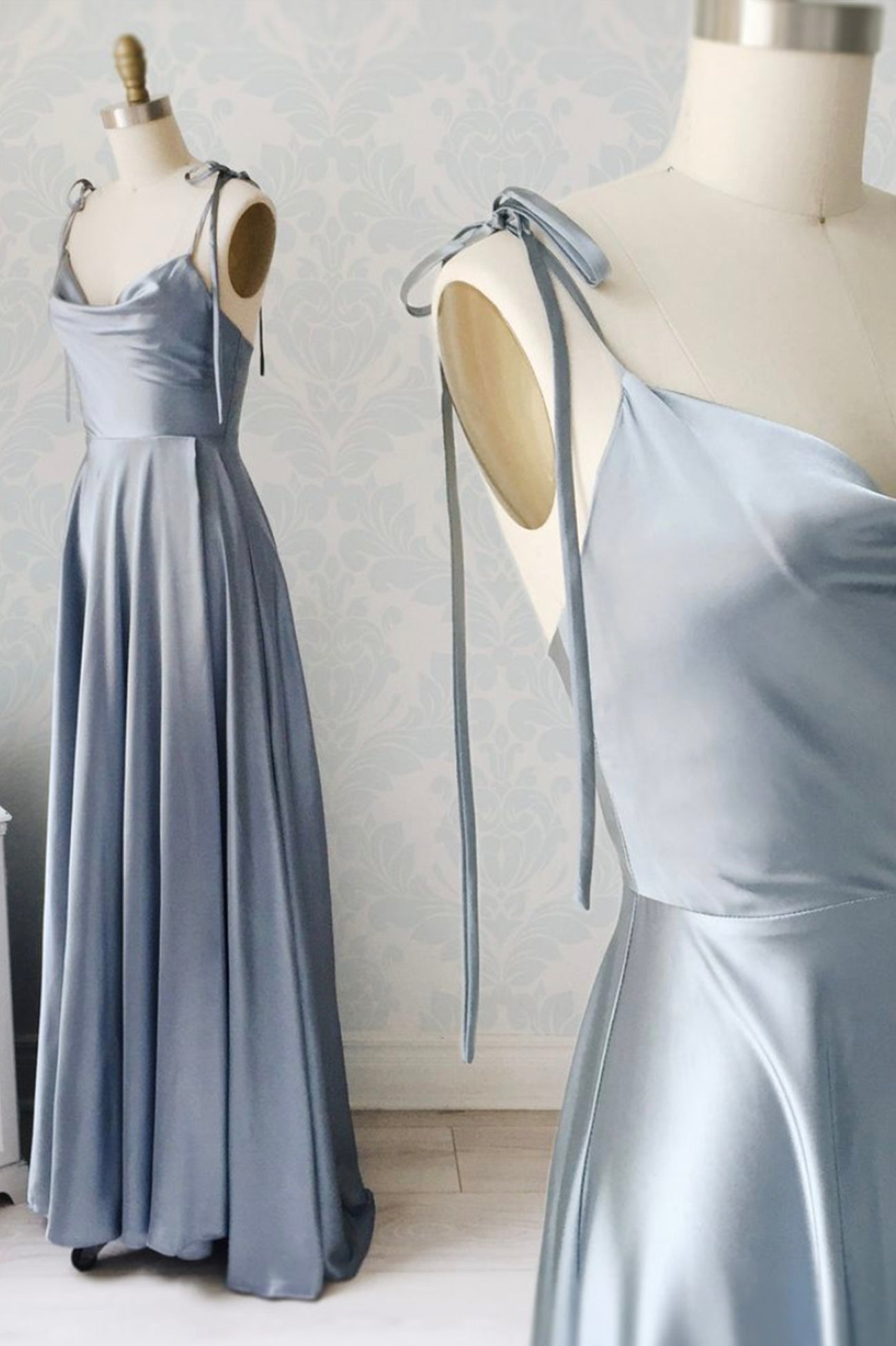 Party Dresses For Wedding, Simple Satin Long Prom Dresses, A-Line Spaghetti Straps Evening Dresses