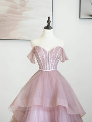 Bridesmaids Dress Black, Pink Tulle Sequins Long Prom Dress, Off Shoulder Evening Dress