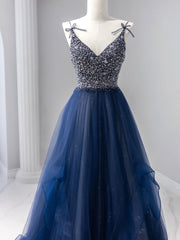 Party Dress Cocktail, Blue Tulle Beaded Long Prom Dress, A-Line Spaghetti Strap Formal Evening Dress