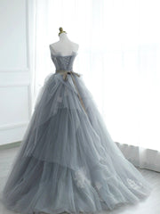 Prom Dresses Gowns, Gray Strapless Tulle Lace Long Prom Dress, A-Line Evening Party Dress