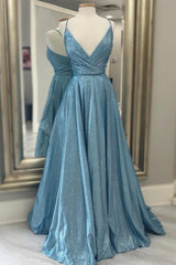 Party Dress Patterns, Blue V-Neck Long Prom Dresses, A-Line Blue Evening Dresses