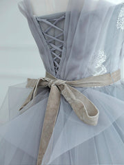 Prom Dress Gowns, Gray Strapless Tulle Lace Long Prom Dress, A-Line Evening Party Dress