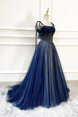 Bridal Bouquet, Blue Long Tulle Beaded Prom Dress, Blue Evening Party Dress