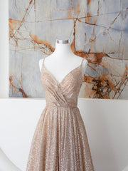 Evening Dress Elegant Classy, Champagne Spaghetti Strap Sequins Long Prom Dress, Shiny V-Neck Evening Dress