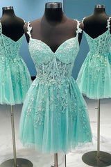 Dream, A-Line Tulle Lace Short Prom Dress, Cute Spaghetti Strap Party Dress