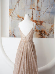 Evening Dress Italy, Champagne Spaghetti Strap Sequins Long Prom Dress, Shiny V-Neck Evening Dress