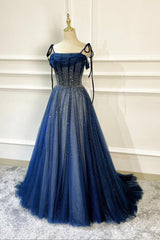 Bachelorette Party Games, Blue Long Tulle Beaded Prom Dress, Blue Evening Party Dress