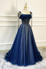 Short Wedding Dress, Blue Long Tulle Beaded Prom Dress, Blue Evening Party Dress